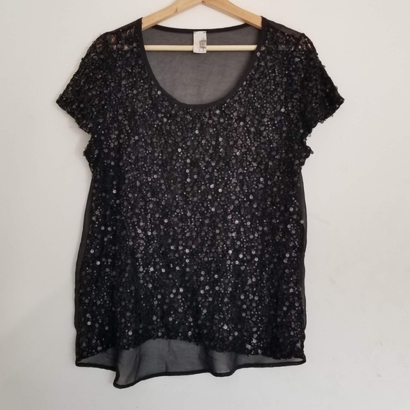 Anthropologie Bird Cage Sheer Black Sequins Shiny Short Sleeve Top - Picture 1 of 6